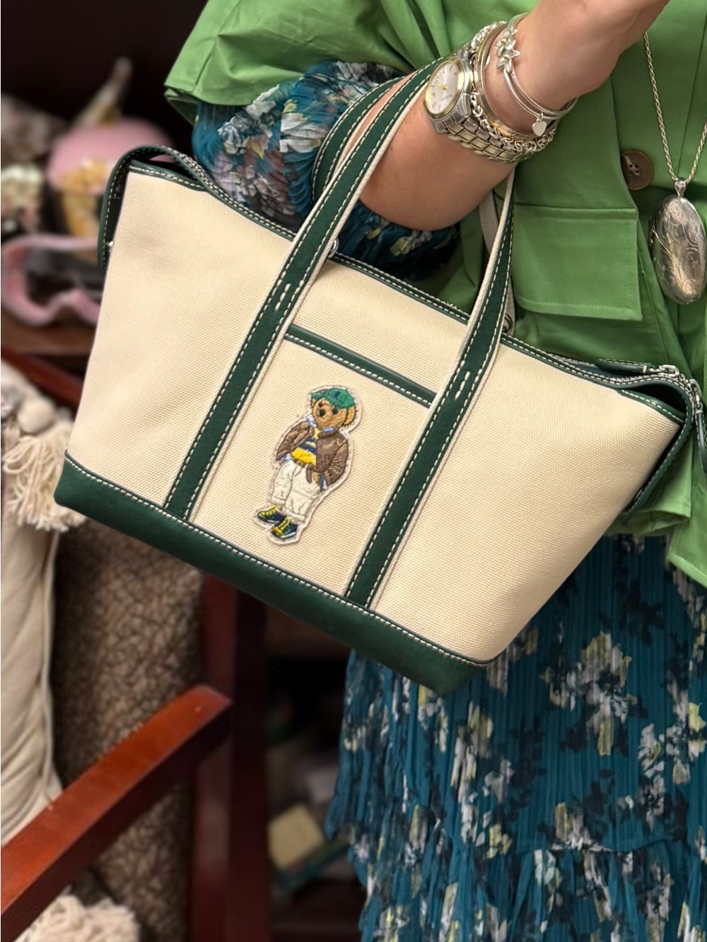 Ralph Lauren Cream Canvas Tote with Green Trim and Bear Patch